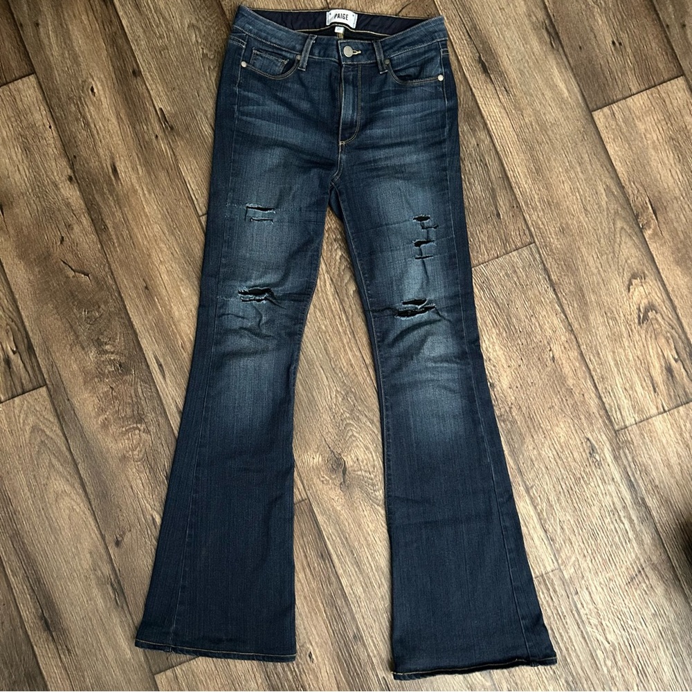 Paige Mid Rise Flare Jeans Dark Wash Distressed Bell Bottoms Bootcut Size 27 Y2K
